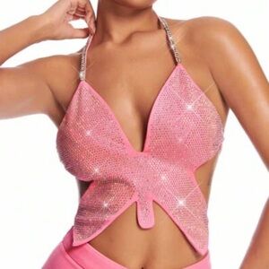 Pink Rhinestone Butterfly Halter Top